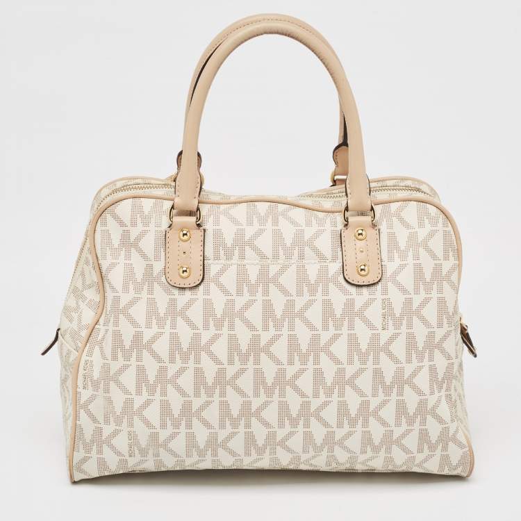 Pre Owned Michael Kors Beige/White Signature Coated Canvas and Leather Charm Satchel