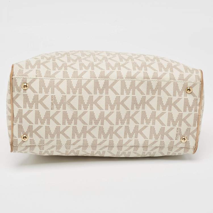 Pre Owned Michael Kors Beige/White Signature Coated Canvas and Leather Charm Satchel