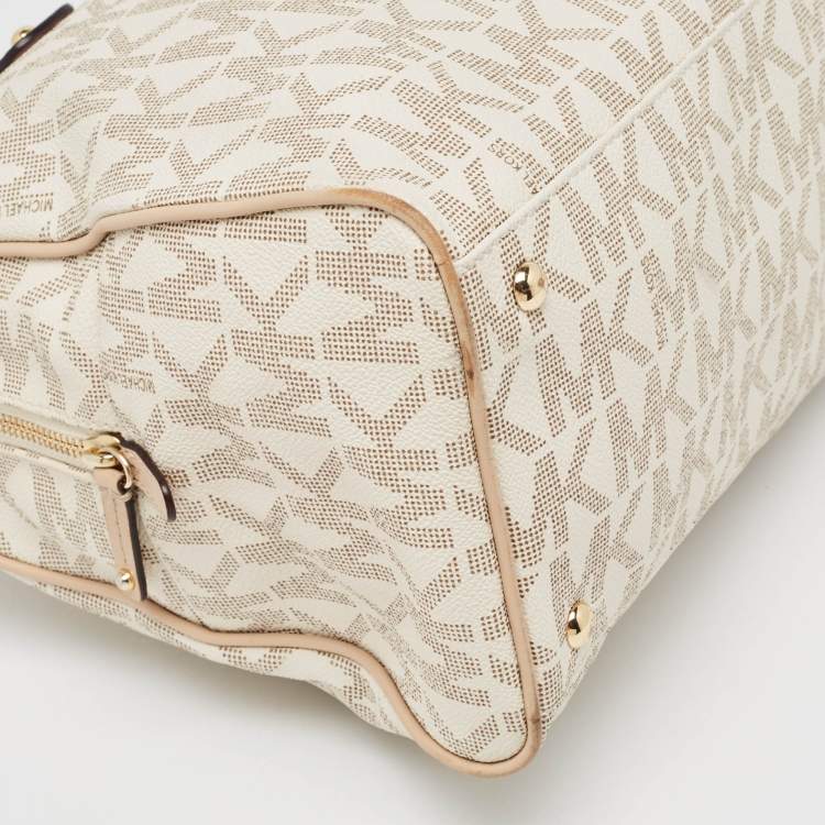 Pre Owned Michael Kors Beige/White Signature Coated Canvas and Leather Charm Satchel