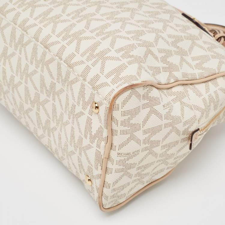 Pre Owned Michael Kors Beige/White Signature Coated Canvas and Leather Charm Satchel