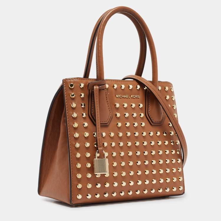 Pre Owned Michael Kors Brown Leather Mini Studded Mercer Tote