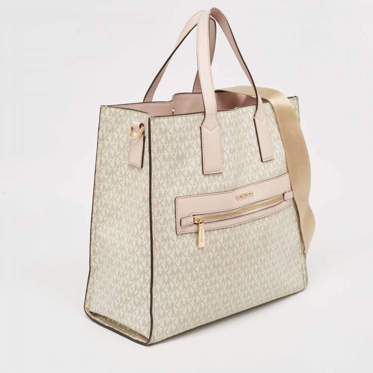 Pre Owned Michael Kors Off White/Pink Signature Coated Canvas Large Kenly Tote
