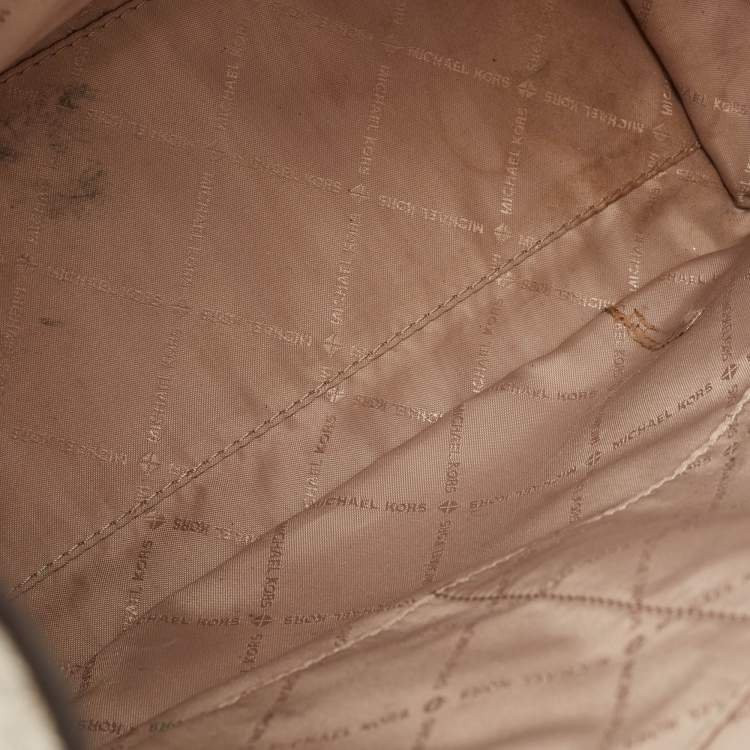 Pre Owned Michael Kors Off White/Pink Signature Coated Canvas Large Kenly Tote