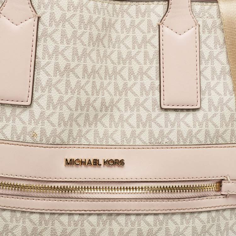 Pre Owned Michael Kors Off White/Pink Signature Coated Canvas Large Kenly Tote