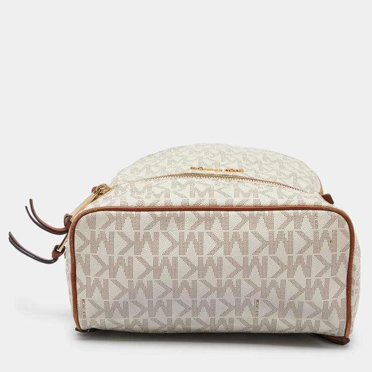 Pre Owned Michael Kors White/Tan Signature Coated Canvas and Leather Medium Rhea Backpack