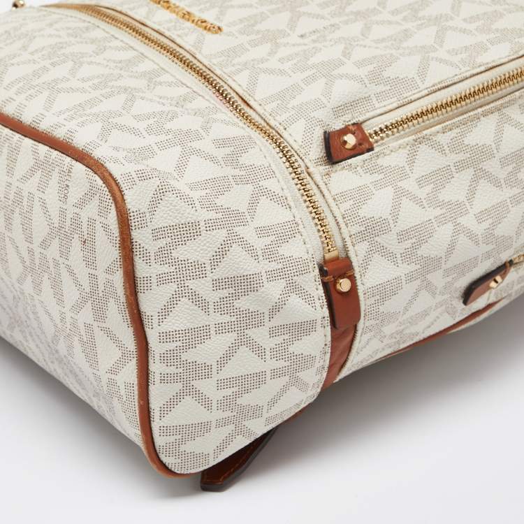 Pre Owned Michael Kors White/Tan Signature Coated Canvas and Leather Medium Rhea Backpack