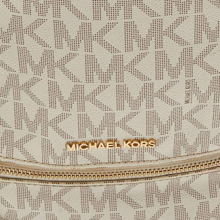 Pre Owned Michael Kors White/Tan Signature Coated Canvas and Leather Medium Rhea Backpack