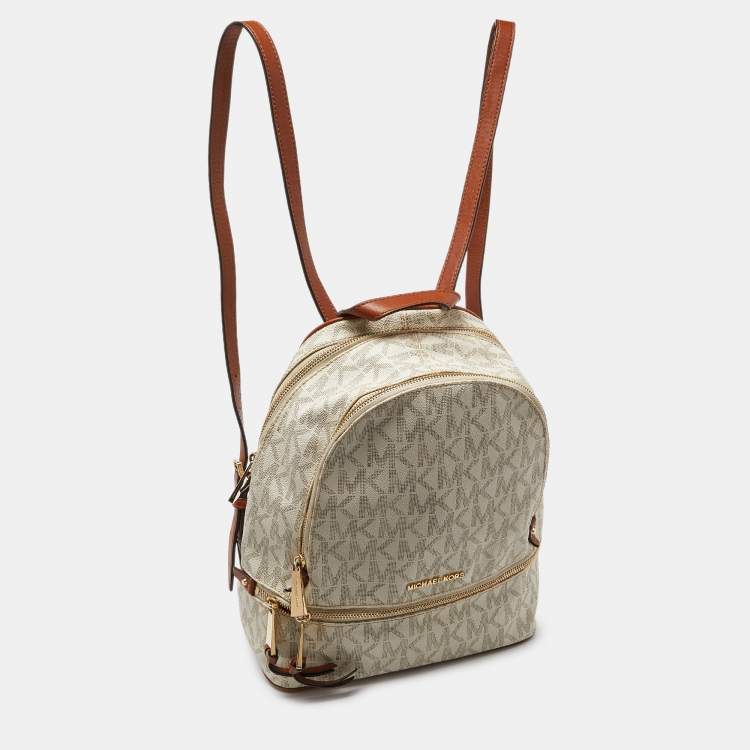 Pre Owned Michael Kors White/Tan Signature Coated Canvas and Leather Medium Rhea Backpack
