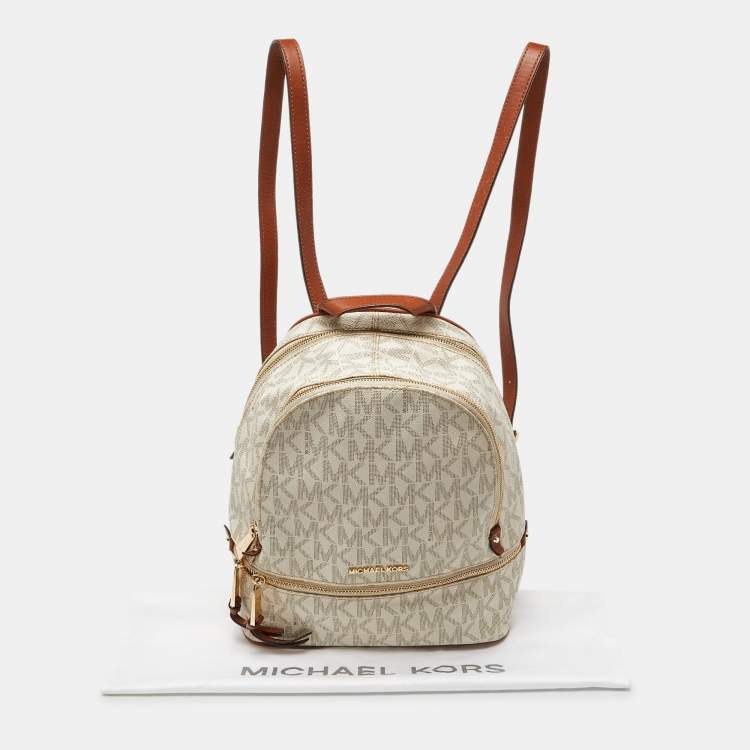 Pre Owned Michael Kors White/Tan Signature Coated Canvas and Leather Medium Rhea Backpack