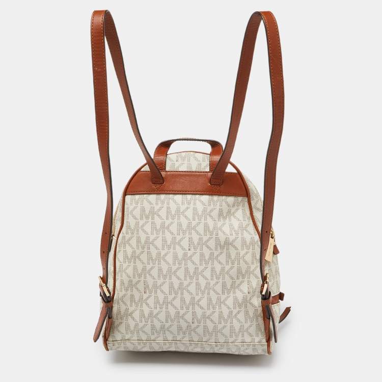 Pre Owned Michael Kors White/Tan Signature Coated Canvas and Leather Medium Rhea Backpack
