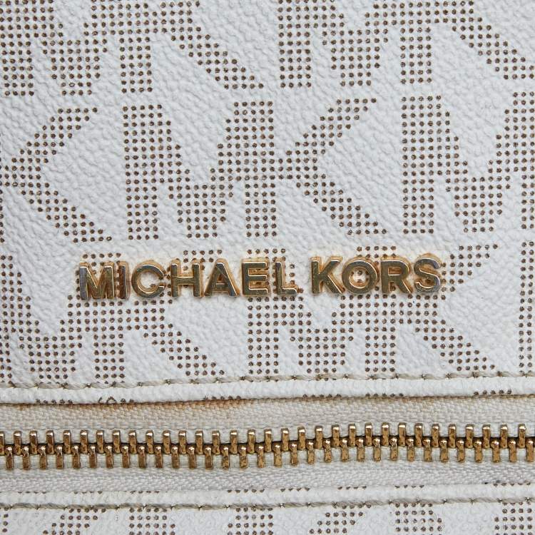 Pre Owned Michael Kors White/Tan Signature Coated Canvas and Leather Medium Rhea Backpack