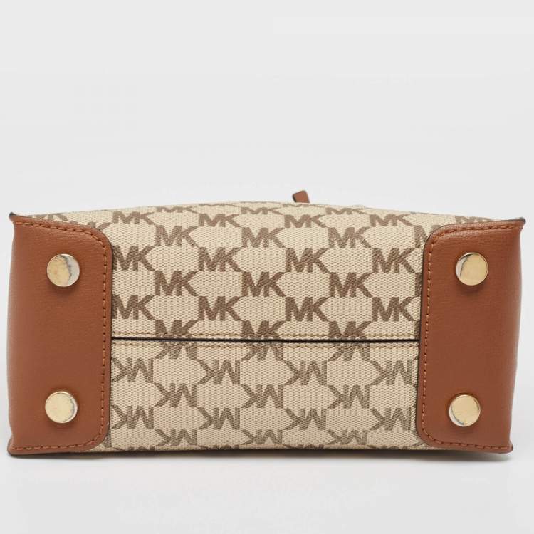 Pre Owned Michael Kors Brown/Beige Signature Coated Canvas and Leather Mini Mercer Tote