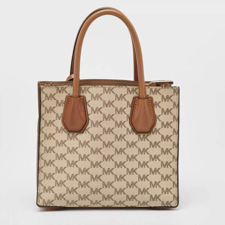 Pre Owned Michael Kors Brown/Beige Signature Coated Canvas and Leather Mini Mercer Tote