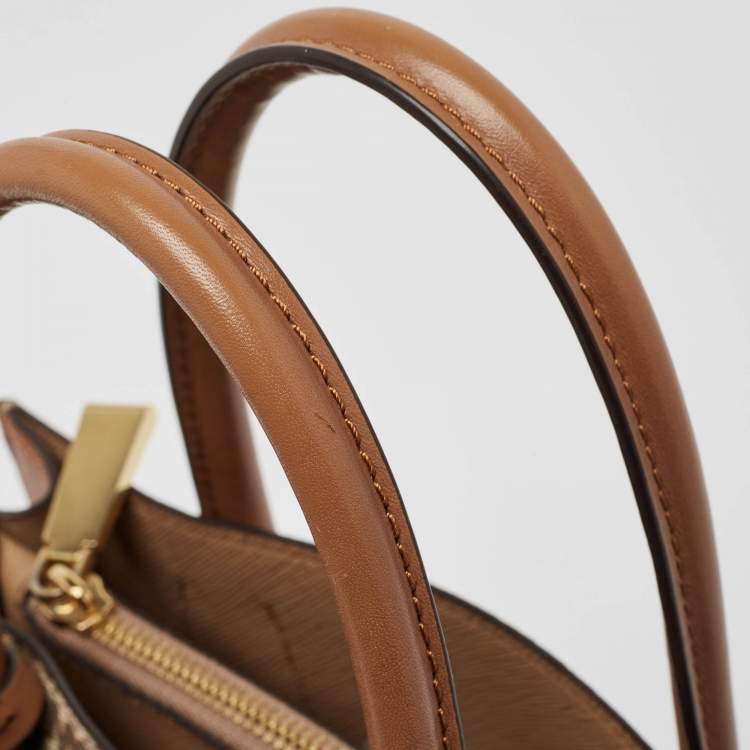 Pre Owned Michael Kors Brown/Beige Signature Coated Canvas and Leather Mini Mercer Tote