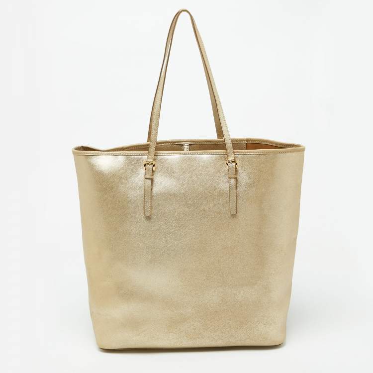 Pre Owned Michael Kors Gold Leather Jet Set Travel Shopper Tote