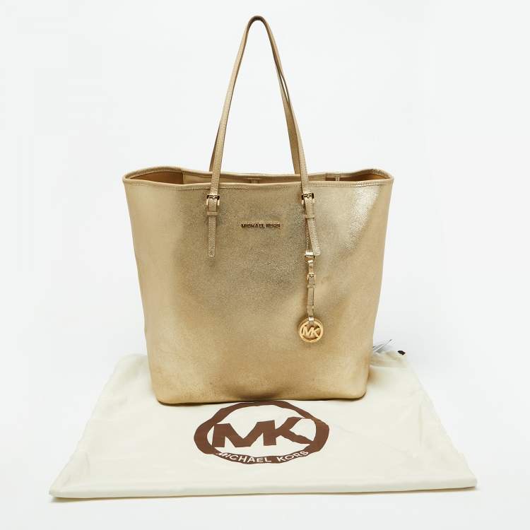 Pre Owned Michael Kors Gold Leather Jet Set Travel Shopper Tote