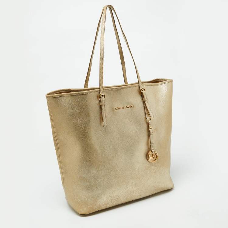 Pre Owned Michael Kors Gold Leather Jet Set Travel Shopper Tote
