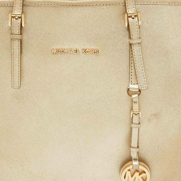 Pre Owned Michael Kors Gold Leather Jet Set Travel Shopper Tote