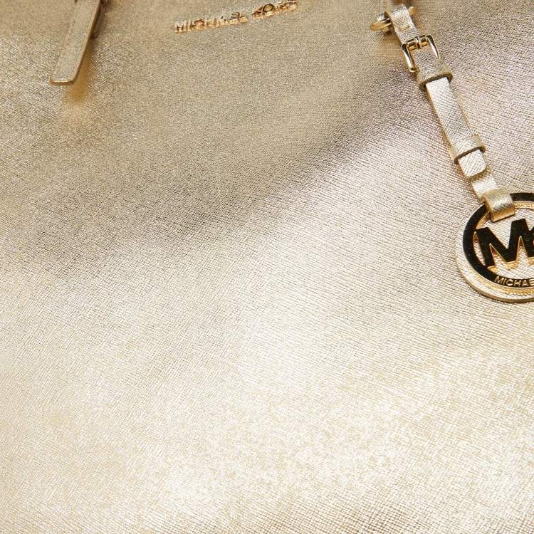 Pre Owned Michael Kors Gold Leather Jet Set Travel Shopper Tote