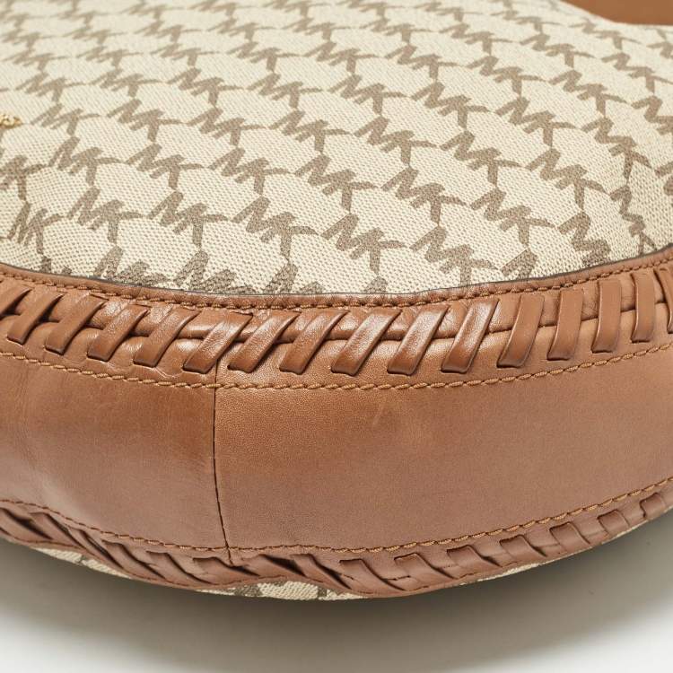 Pre Owned Michael Kors Beige/Brown Signature Coated Canvas and Leather Lauryn Hobo