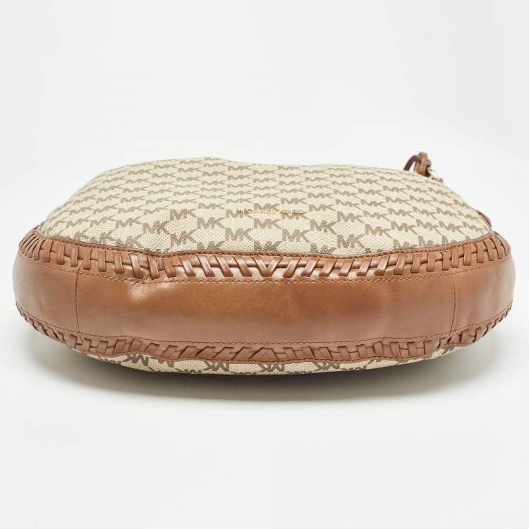 Pre Owned Michael Kors Beige/Brown Signature Coated Canvas and Leather Lauryn Hobo