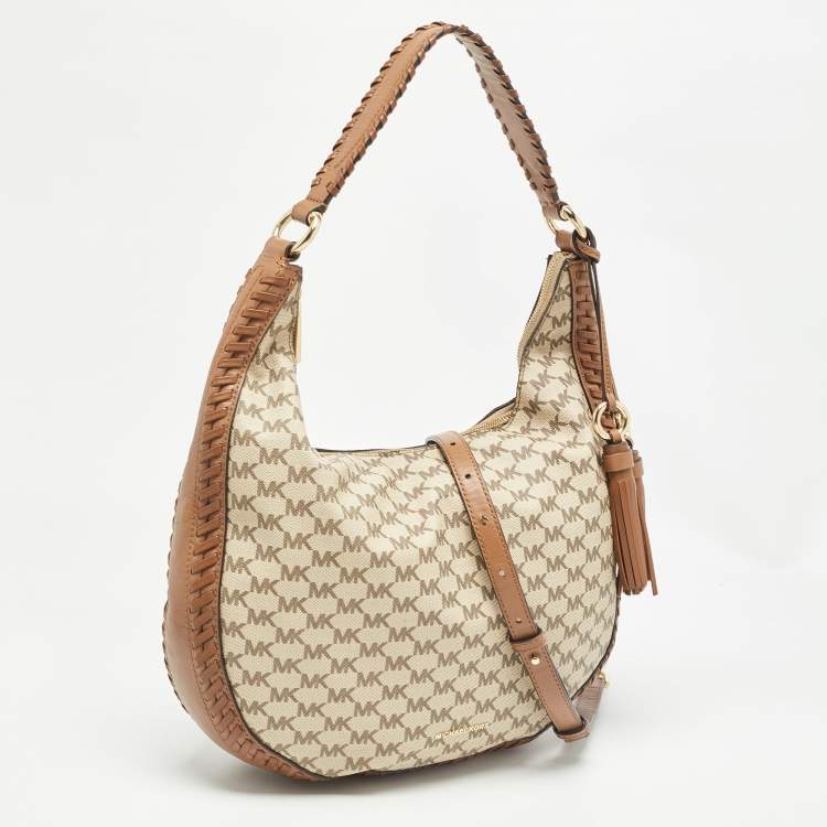 Pre Owned Michael Kors Beige/Brown Signature Coated Canvas and Leather Lauryn Hobo