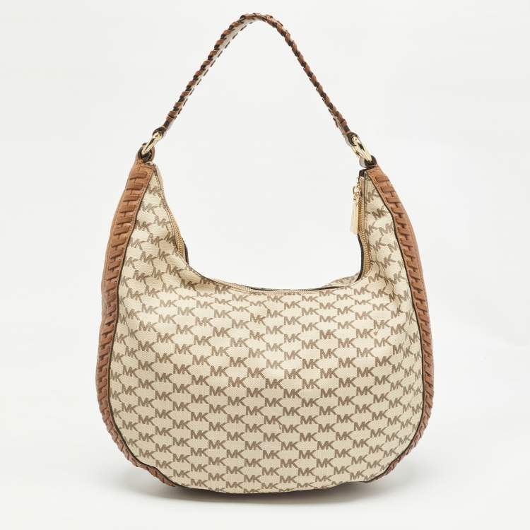 Pre Owned Michael Kors Beige/Brown Signature Coated Canvas and Leather Lauryn Hobo