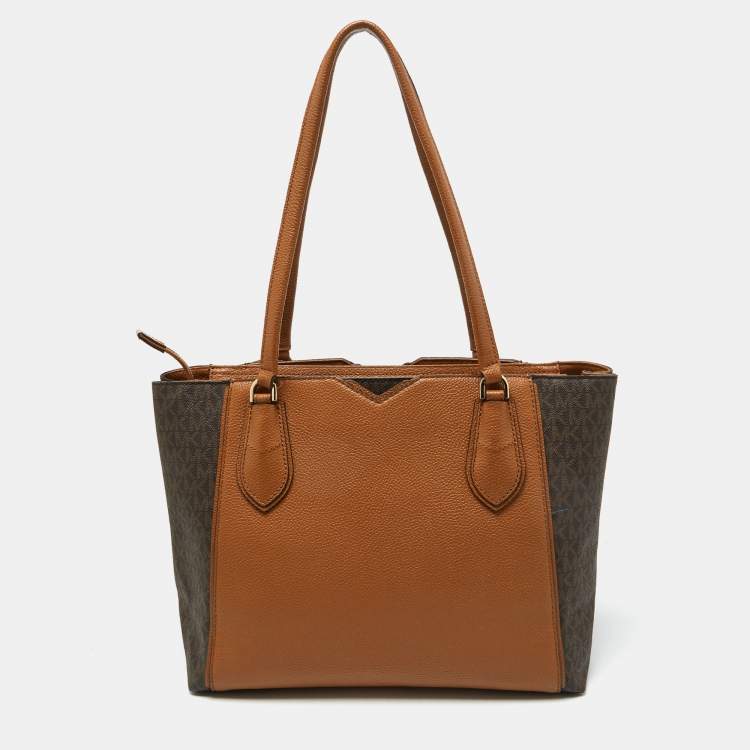 Pre Owned Michael Kors Brown/Tan Signature Coated Canvas and Leather Mae Tote