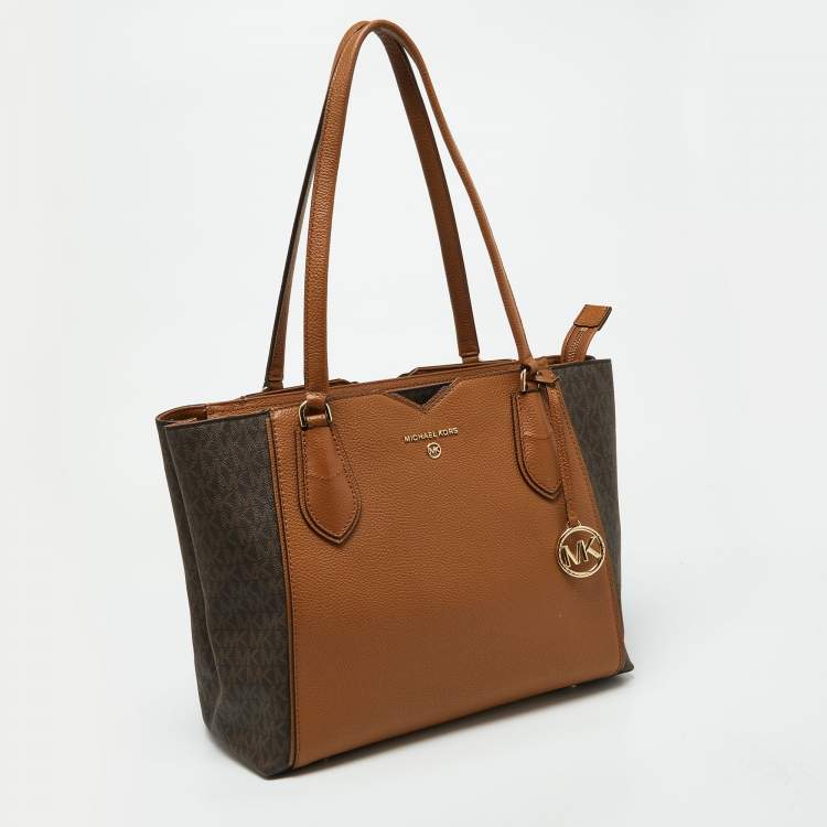 Pre Owned Michael Kors Brown/Tan Signature Coated Canvas and Leather Mae Tote