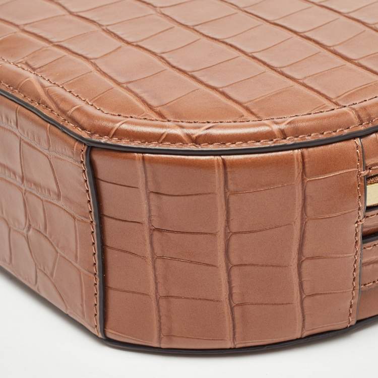 Pre Owned Michael Kors Brown Croc Embossed Leather Delaney Crossbody Bag