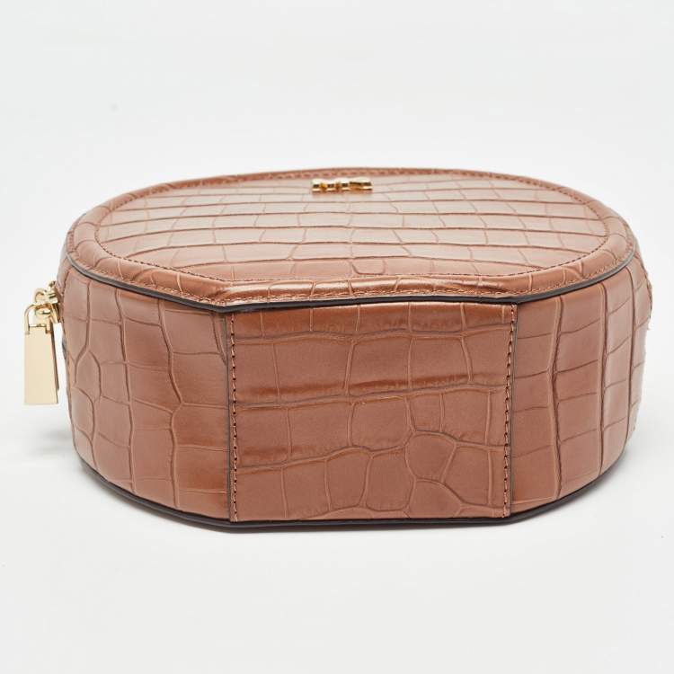 Pre Owned Michael Kors Brown Croc Embossed Leather Delaney Crossbody Bag