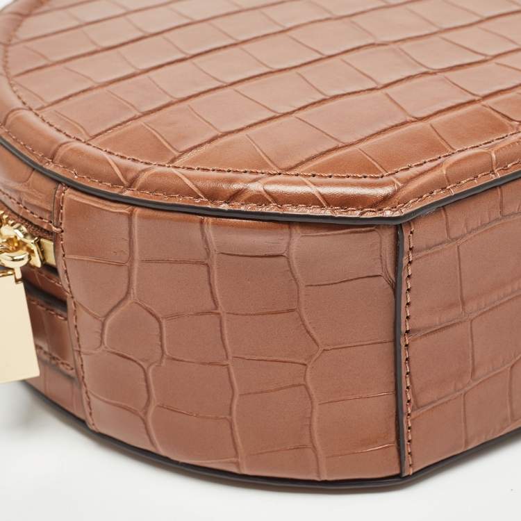 Pre Owned Michael Kors Brown Croc Embossed Leather Delaney Crossbody Bag