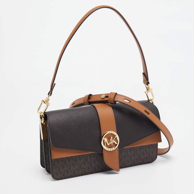 Pre Owned Michael Kors Brown Signature Coated Canvas and Leather Medium Greenwich Top Handle Bag