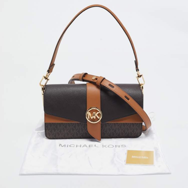 Pre Owned Michael Kors Brown Signature Coated Canvas and Leather Medium Greenwich Top Handle Bag