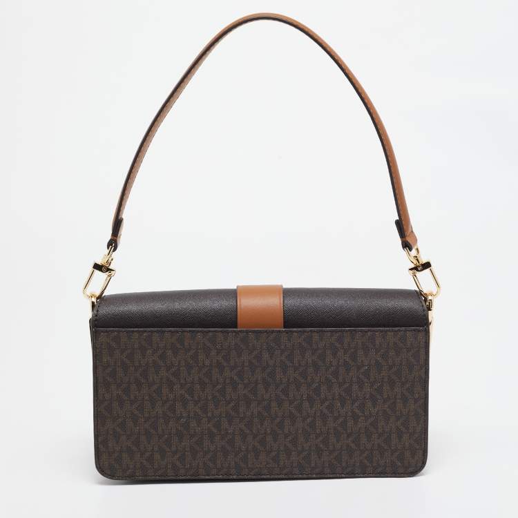 Pre Owned Michael Kors Brown Signature Coated Canvas and Leather Medium Greenwich Top Handle Bag
