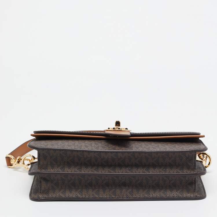 Pre Owned Michael Kors Brown Signature Coated Canvas and Leather Medium Greenwich Top Handle Bag