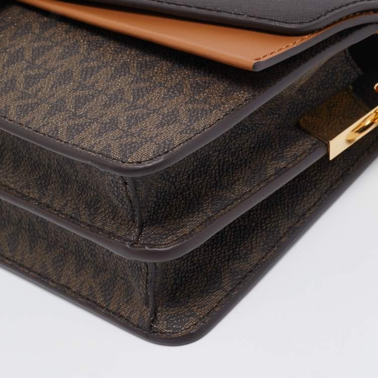 Pre Owned Michael Kors Brown Signature Coated Canvas and Leather Medium Greenwich Top Handle Bag