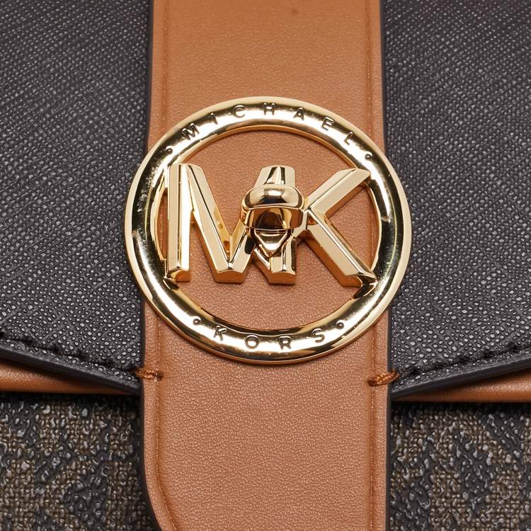 Pre Owned Michael Kors Brown Signature Coated Canvas and Leather Medium Greenwich Top Handle Bag