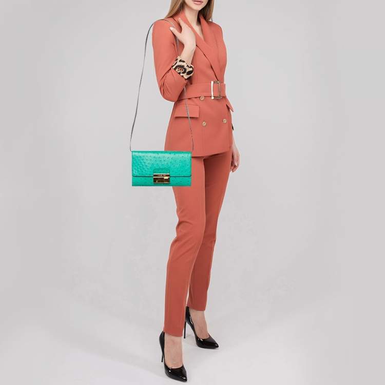 Pre Owned Michael Kors Green Ostrich Embossed Leather Gia Convertible Clutch