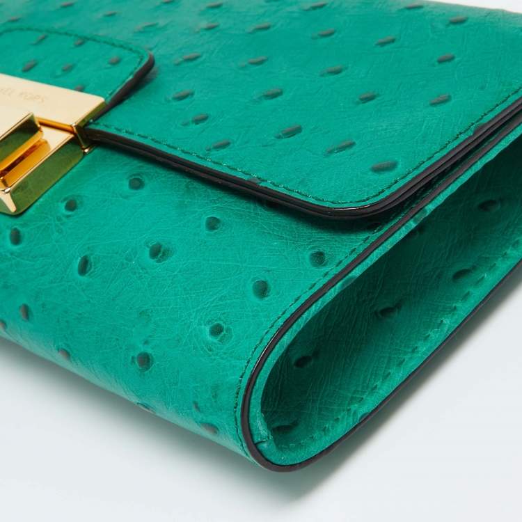 Pre Owned Michael Kors Green Ostrich Embossed Leather Gia Convertible Clutch