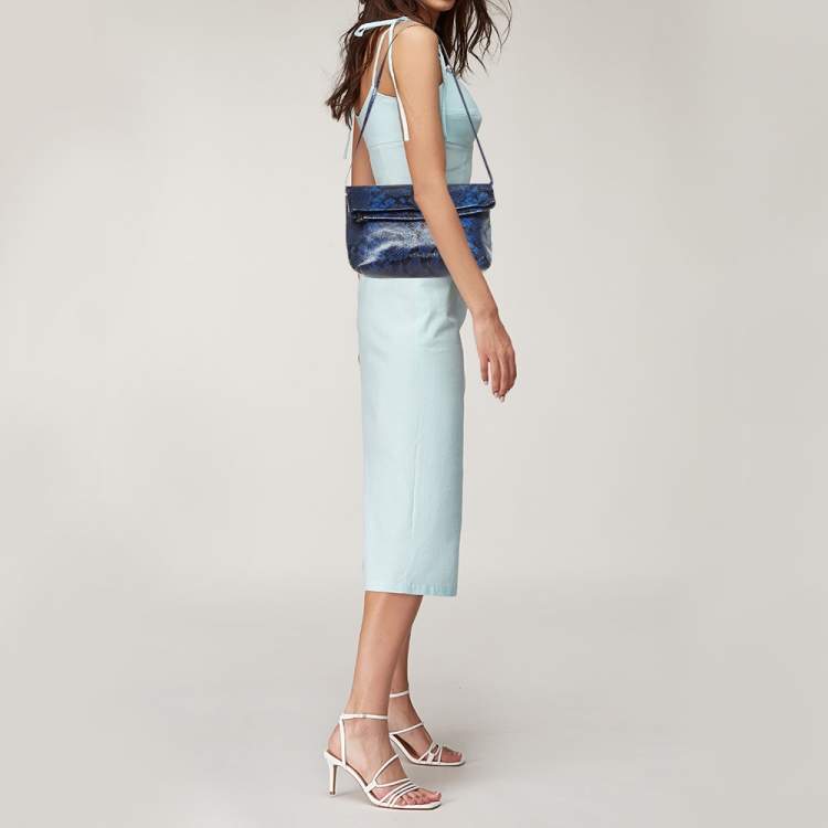 Pre Owned MICHAEL Michael Kors Blue Python Embossed Leather Foldover Shoulder Bag