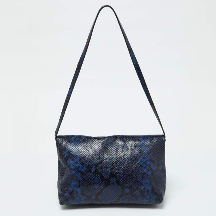 Pre Owned MICHAEL Michael Kors Blue Python Embossed Leather Foldover Shoulder Bag
