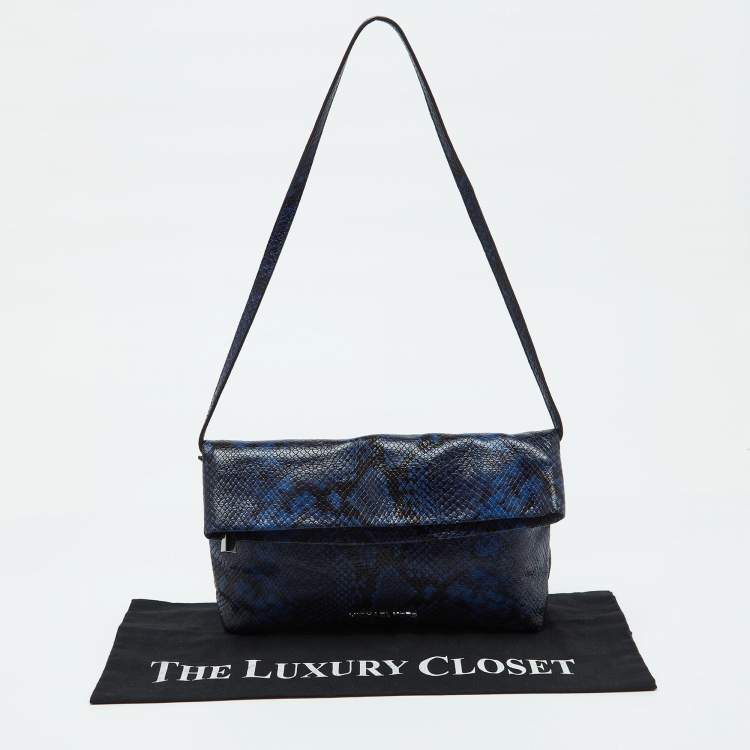 Pre Owned MICHAEL Michael Kors Blue Python Embossed Leather Foldover Shoulder Bag