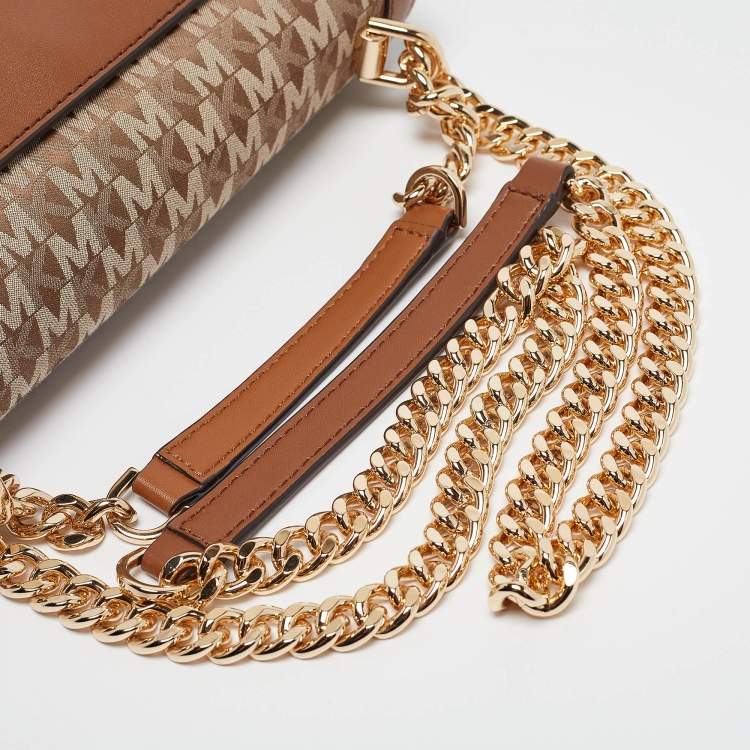 Pre Owned Michael Kors Beige/Brown Signature Fabric and Leather Large Heather Shoulder Bag