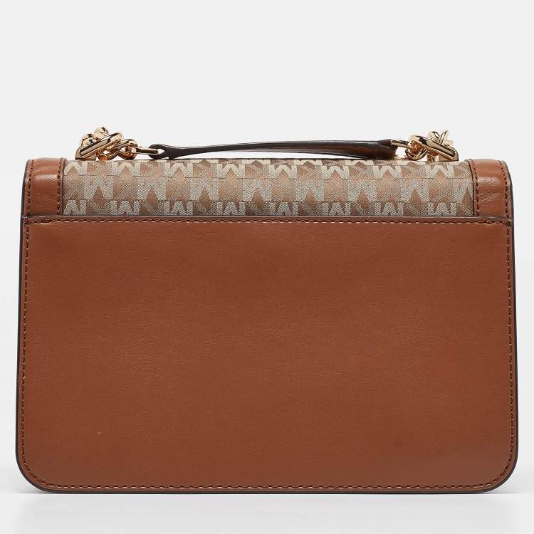 Pre Owned Michael Kors Beige/Brown Signature Fabric and Leather Large Heather Shoulder Bag