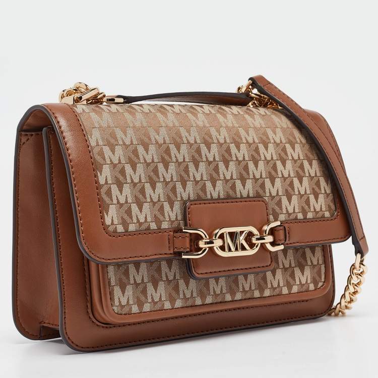 Pre Owned Michael Kors Beige/Brown Signature Fabric and Leather Large Heather Shoulder Bag