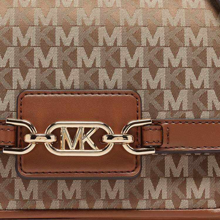 Pre Owned Michael Kors Beige/Brown Signature Fabric and Leather Large Heather Shoulder Bag