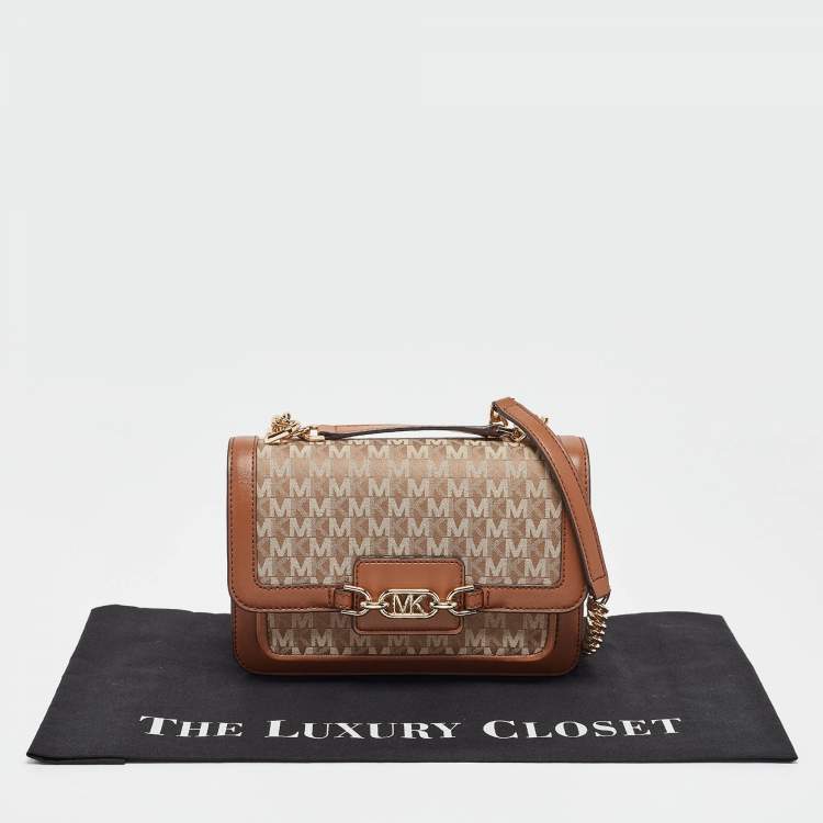 Pre Owned Michael Kors Beige/Brown Signature Fabric and Leather Large Heather Shoulder Bag