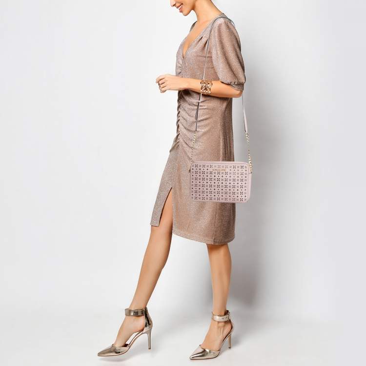 Pre Owned Michael Kors Light Pink Leather Lasercut East West Crossbody Bag
