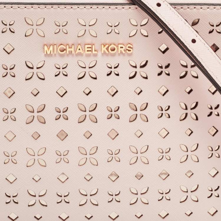 Pre Owned Michael Kors Light Pink Leather Lasercut East West Crossbody Bag